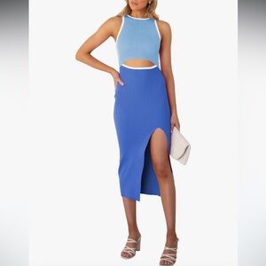 Pink Queen Cutout Sleeveless Tank Slit Ribbed Bodycon Mini Dress in Lake Blue